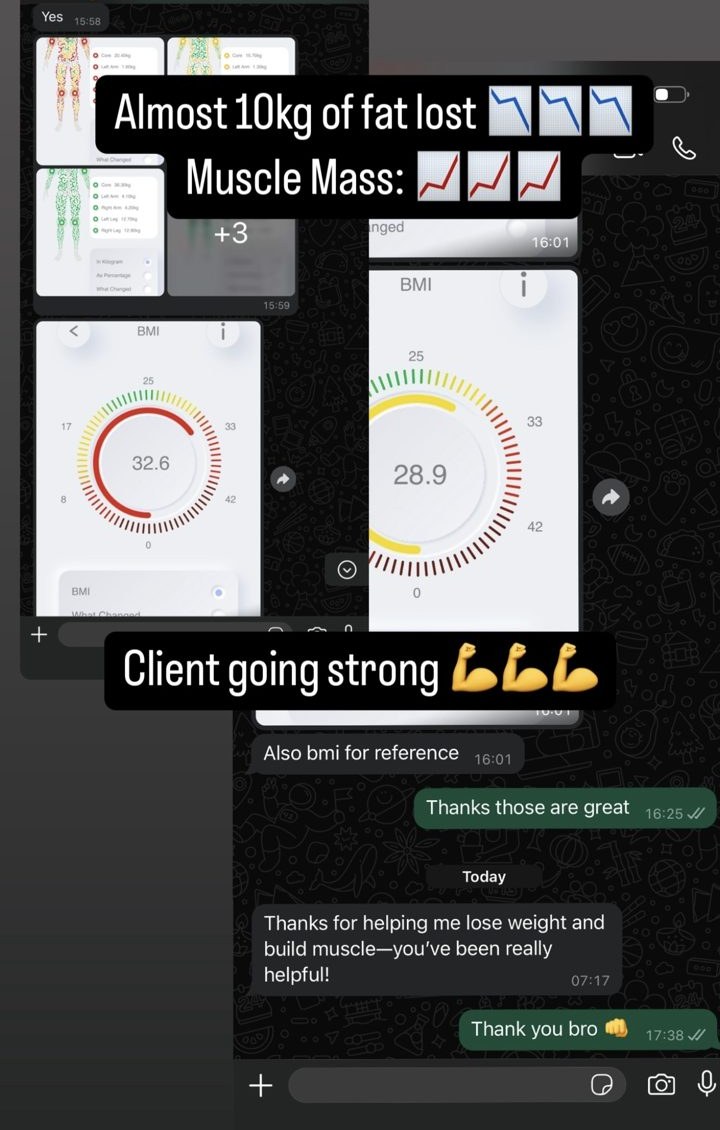 Client body scan results — almost 10kg of fat lost, muscle mass up