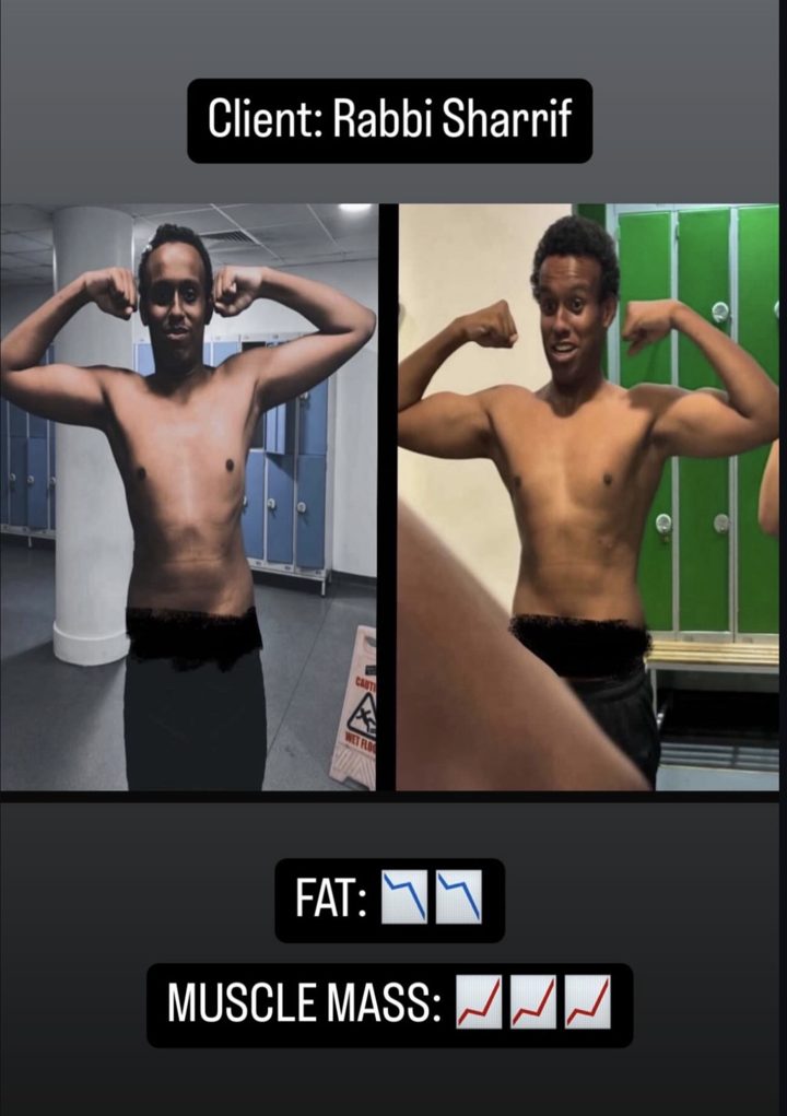 Client before and after transformation — fat down, muscle mass up